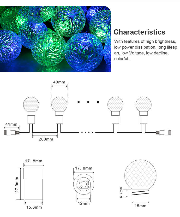 G40 40mm Christmas Light RGB SK9822 GS8208 IP67 5V 12V Led Pixel String Lighting